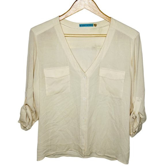 alice + olivia Women's White Medium Silk Spandex Blend V-Neck Blouse - Picture 2 of 11